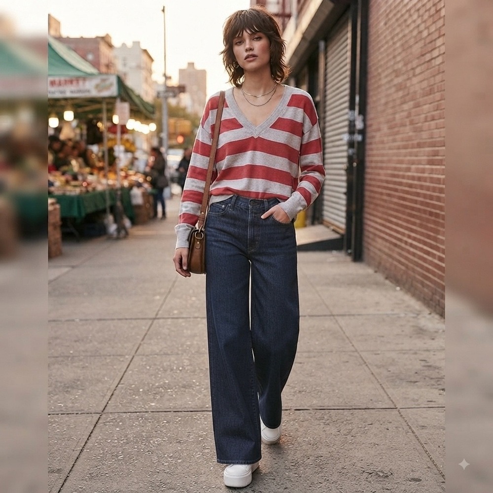 Gap Cashmere Blend Striped V-Neck Sweater Red & cream XL